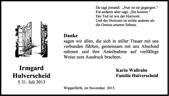 Anzeige von Irmgard Hulverscheid von Kölner Stadt-Anzeiger / Kölnische Rundschau / Express