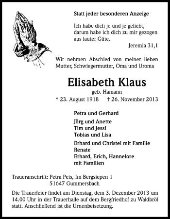 Anzeige von Elisabeth Klaus von Kölner Stadt-Anzeiger / Kölnische Rundschau / Express