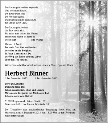 Anzeige von Herbert Binner von Kölner Stadt-Anzeiger / Kölnische Rundschau / Express