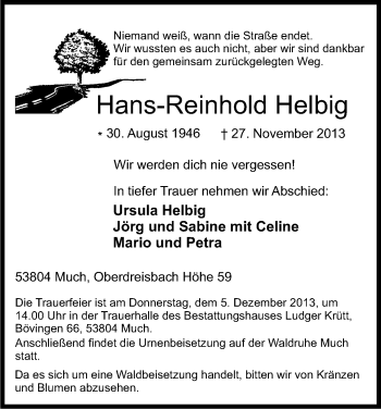 Anzeige von Hans-Reinhold Helbig von Kölner Stadt-Anzeiger / Kölnische Rundschau / Express