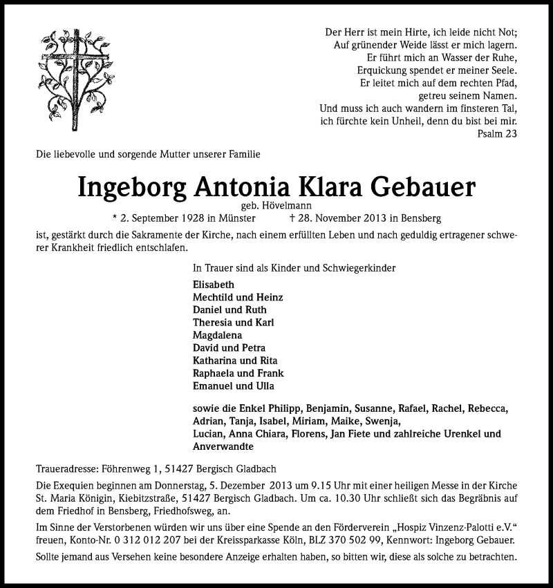  Traueranzeige für Ingeborg Antonia Klara Gebauer vom 30.11.2013 aus Kölner Stadt-Anzeiger / Kölnische Rundschau / Express