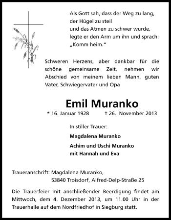 Anzeige von Emil Muranko von Kölner Stadt-Anzeiger / Kölnische Rundschau / Express