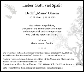 Anzeige von Detlef Ohrem von Kölner Stadt-Anzeiger / Kölnische Rundschau / Express