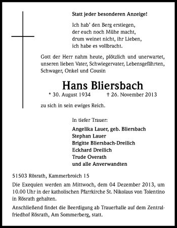 Anzeige von Hans Bliersbach von Kölner Stadt-Anzeiger / Kölnische Rundschau / Express
