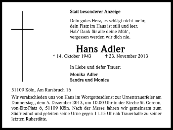 Anzeige von Hans Adler von Kölner Stadt-Anzeiger / Kölnische Rundschau / Express