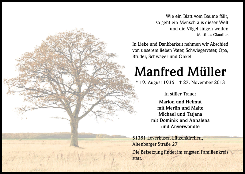  Traueranzeige für Manfred Müller vom 30.11.2013 aus Kölner Stadt-Anzeiger / Kölnische Rundschau / Express