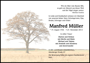 Anzeige von Manfred Müller von Kölner Stadt-Anzeiger / Kölnische Rundschau / Express