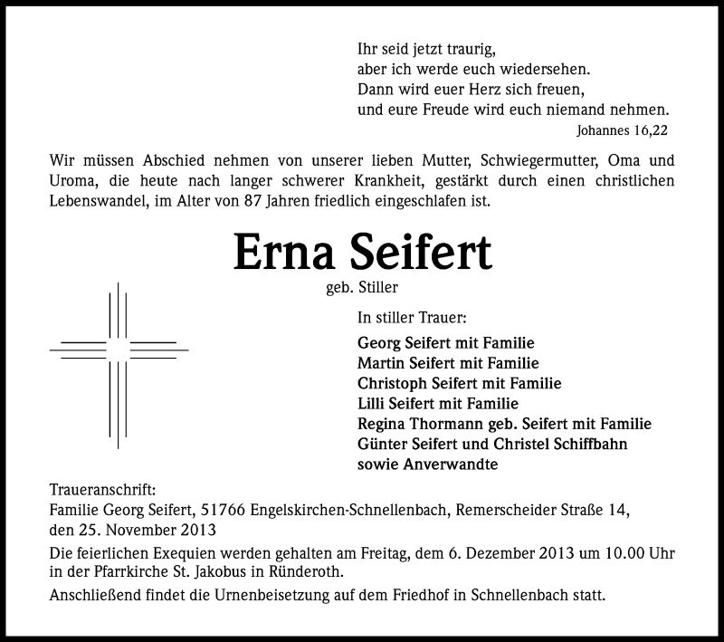  Traueranzeige für Erna Seifert vom 30.11.2013 aus Kölner Stadt-Anzeiger / Kölnische Rundschau / Express
