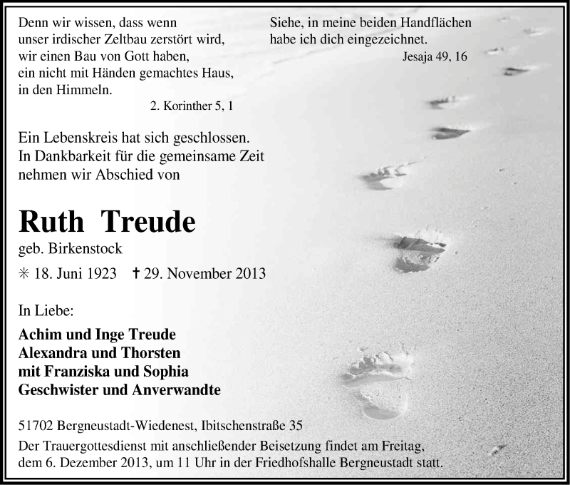  Traueranzeige für Ruth Treude vom 30.11.2013 aus Kölner Stadt-Anzeiger / Kölnische Rundschau / Express