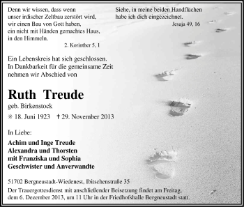 Anzeige von Ruth Treude von Kölner Stadt-Anzeiger / Kölnische Rundschau / Express