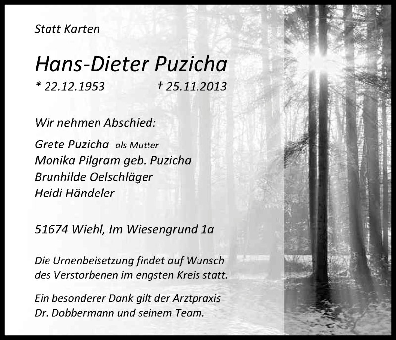  Traueranzeige für Hans-Dieter Puzicha vom 30.11.2013 aus Kölner Stadt-Anzeiger / Kölnische Rundschau / Express