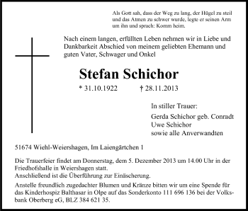 Anzeige von Stefan Schichor von Kölner Stadt-Anzeiger / Kölnische Rundschau / Express