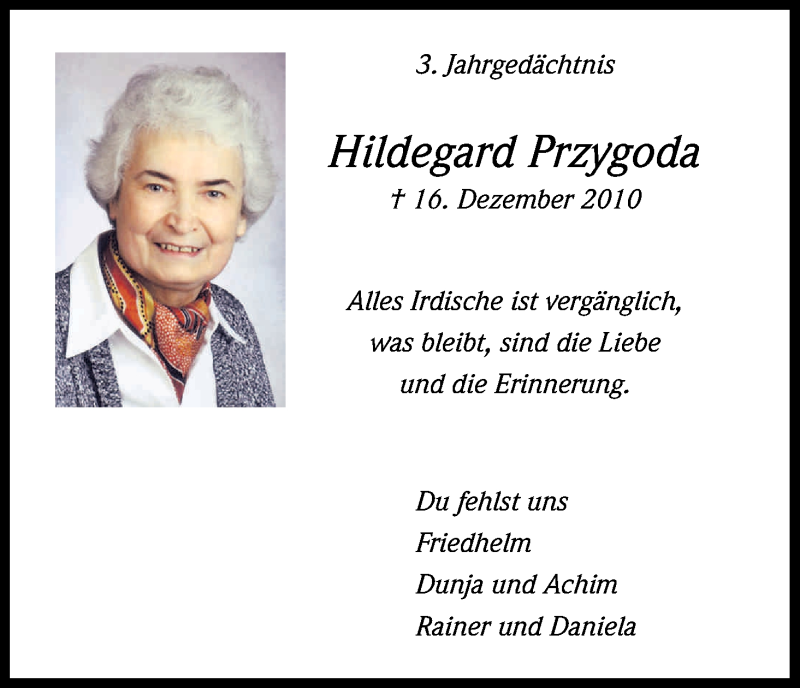  Traueranzeige für Hildegard Przygoda vom 16.12.2013 aus Kölner Stadt-Anzeiger / Kölnische Rundschau / Express