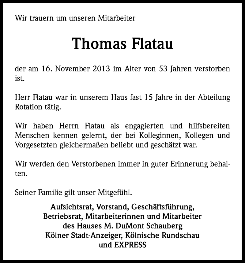  Traueranzeige für Thomas Flatau vom 30.11.2013 aus Kölner Stadt-Anzeiger / Kölnische Rundschau / Express