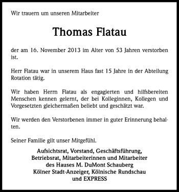 Anzeige von Thomas Flatau von Kölner Stadt-Anzeiger / Kölnische Rundschau / Express