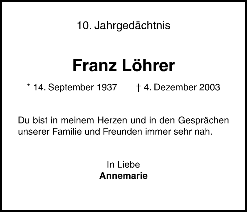  Traueranzeige für Franz Löhrer vom 04.12.2013 aus Kölner Stadt-Anzeiger / Kölnische Rundschau / Express