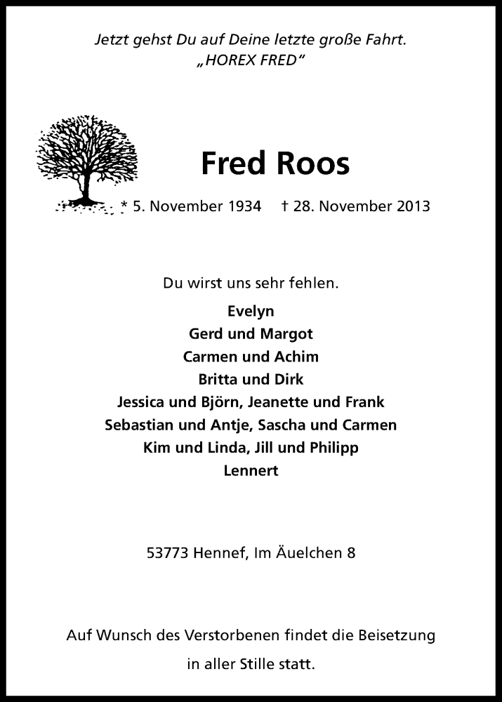  Traueranzeige für Fred Roos vom 02.12.2013 aus Kölner Stadt-Anzeiger / Kölnische Rundschau / Express