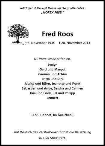 Anzeige von Fred Roos von Kölner Stadt-Anzeiger / Kölnische Rundschau / Express
