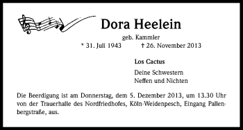 Anzeige von Dora Heelein von Kölner Stadt-Anzeiger / Kölnische Rundschau / Express