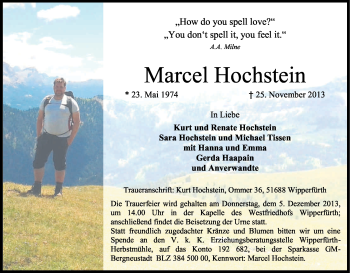 Anzeige von Marcel Hochstein von Kölner Stadt-Anzeiger / Kölnische Rundschau / Express