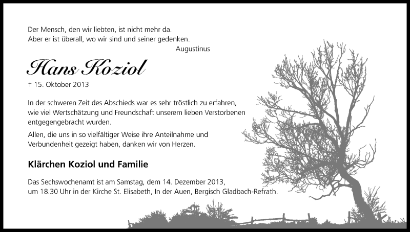  Traueranzeige für Hans Koziol vom 07.12.2013 aus Kölner Stadt-Anzeiger / Kölnische Rundschau / Express