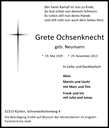 Anzeige von Grete Ochsenknecht von Kölner Stadt-Anzeiger / Kölnische Rundschau / Express
