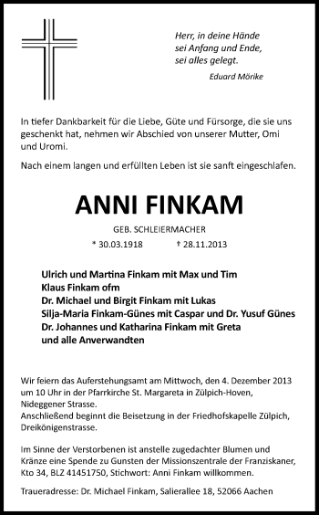 Anzeige von Anni Finkam von Kölner Stadt-Anzeiger / Kölnische Rundschau / Express