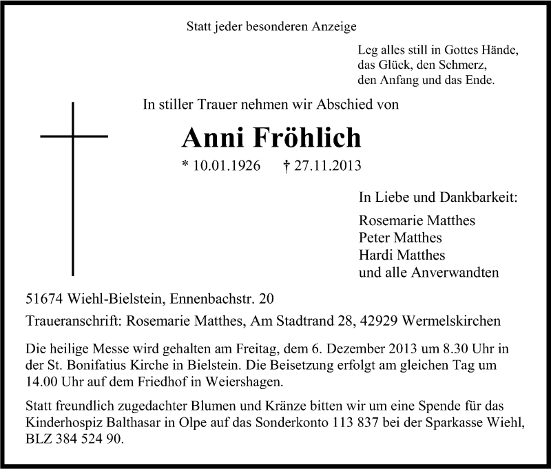  Traueranzeige für Anni Fröhlich vom 02.12.2013 aus Kölner Stadt-Anzeiger / Kölnische Rundschau / Express