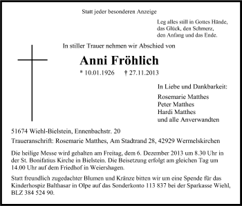 Anzeige von Anni Fröhlich von Kölner Stadt-Anzeiger / Kölnische Rundschau / Express