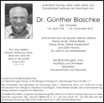 Anzeige von Günther Blaschke von Kölner Stadt-Anzeiger / Kölnische Rundschau / Express