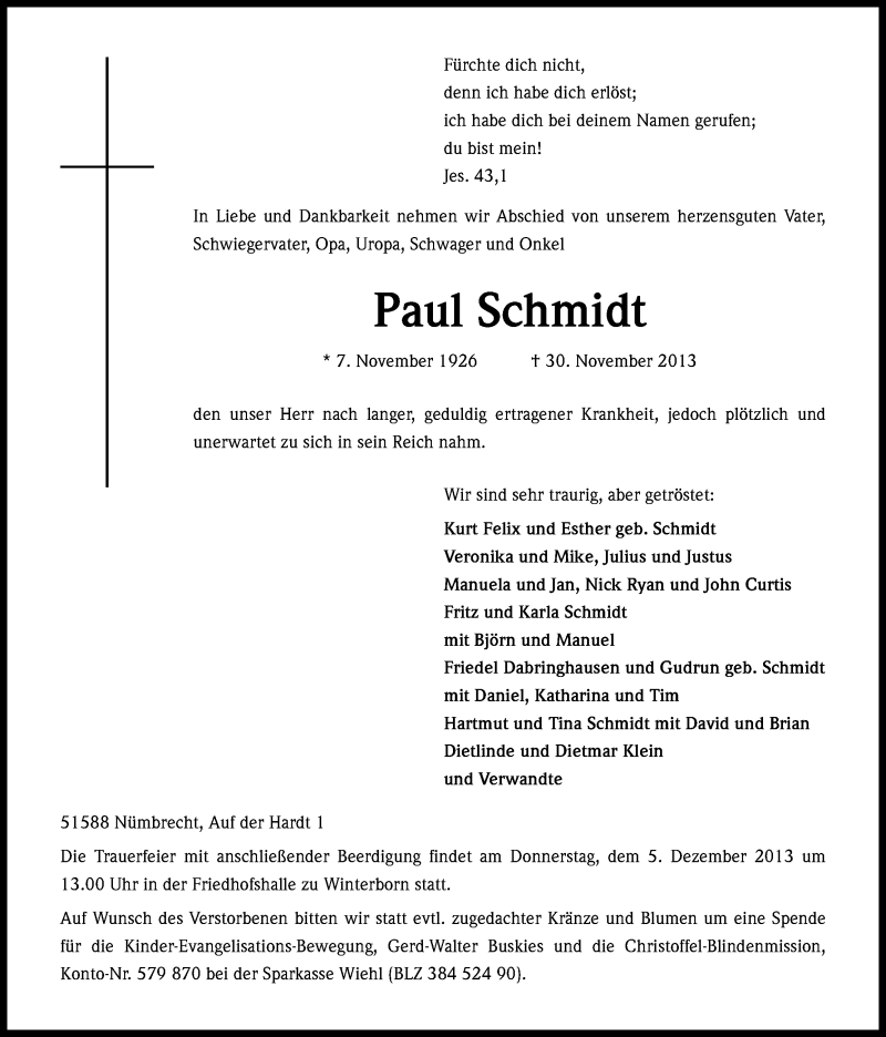 Traueranzeige für Paul Schmidt vom 03.12.2013 aus Kölner Stadt-Anzeiger / Kölnische Rundschau / Express