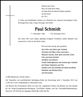Anzeige von Paul Schmidt von Kölner Stadt-Anzeiger / Kölnische Rundschau / Express