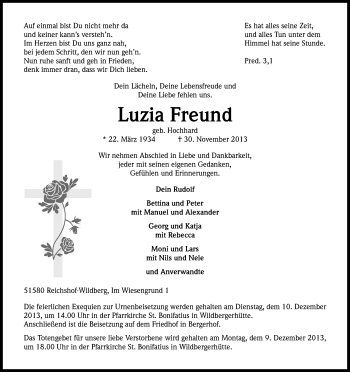 Anzeige von Luzia Freund von Kölner Stadt-Anzeiger / Kölnische Rundschau / Express