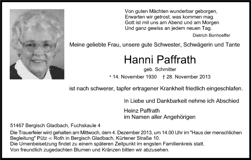  Traueranzeige für Johanna Paffrath vom 03.12.2013 aus Kölner Stadt-Anzeiger / Kölnische Rundschau / Express