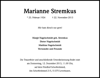 Anzeige von Marianne Stremkus von Kölner Stadt-Anzeiger / Kölnische Rundschau / Express