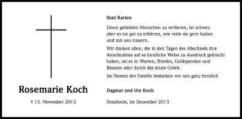 Anzeige von Rosemarie Koch von Kölner Stadt-Anzeiger / Kölnische Rundschau / Express