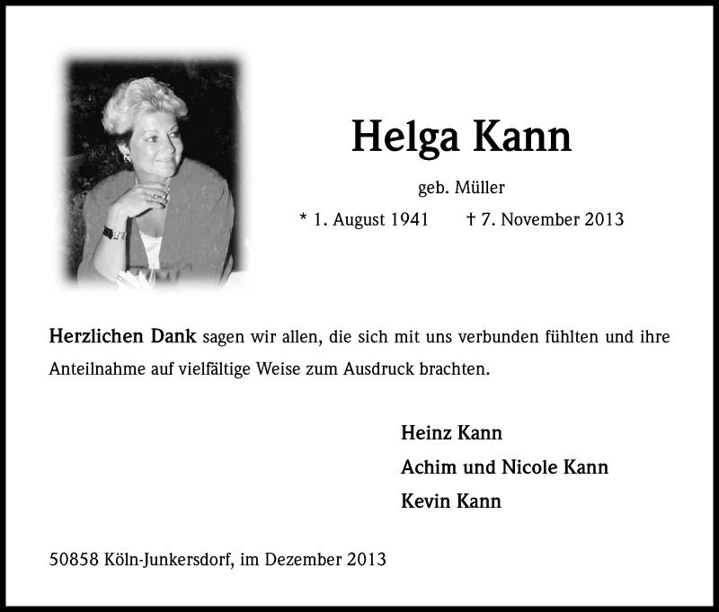  Traueranzeige für Helga Kann vom 14.12.2013 aus Kölner Stadt-Anzeiger / Kölnische Rundschau / Express