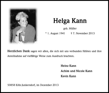 Anzeige von Helga Kann von Kölner Stadt-Anzeiger / Kölnische Rundschau / Express