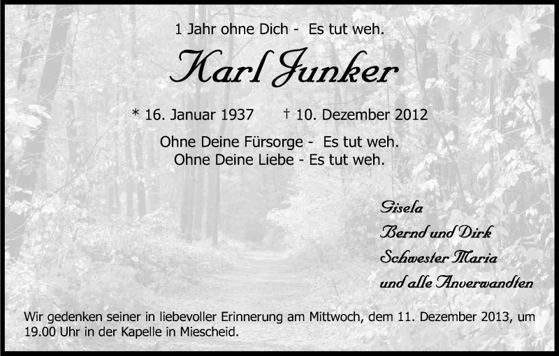  Traueranzeige für Karl Junker vom 07.12.2013 aus Kölner Stadt-Anzeiger / Kölnische Rundschau / Express