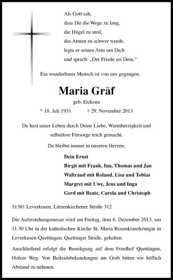 Anzeige von Maria Gräf von Kölner Stadt-Anzeiger / Kölnische Rundschau / Express