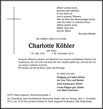 Anzeige von Charlotte Köhler von Kölner Stadt-Anzeiger / Kölnische Rundschau / Express
