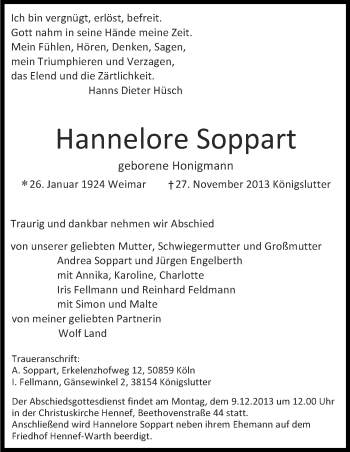 Anzeige von Hannelore Soppart von Kölner Stadt-Anzeiger / Kölnische Rundschau / Express