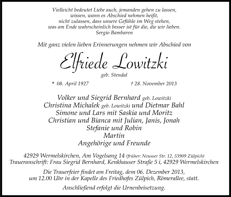  Traueranzeige für Elfriede Lowitzki vom 03.12.2013 aus Kölner Stadt-Anzeiger / Kölnische Rundschau / Express