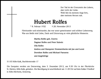 Anzeige von Hubert Rolfes von Kölner Stadt-Anzeiger / Kölnische Rundschau / Express