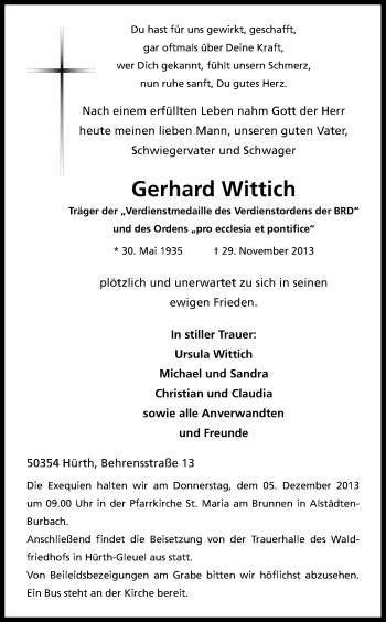 Anzeige von Gerhard Wittich von Kölner Stadt-Anzeiger / Kölnische Rundschau / Express