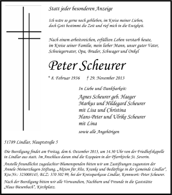 Anzeige von Peter Scheurer von Kölner Stadt-Anzeiger / Kölnische Rundschau / Express