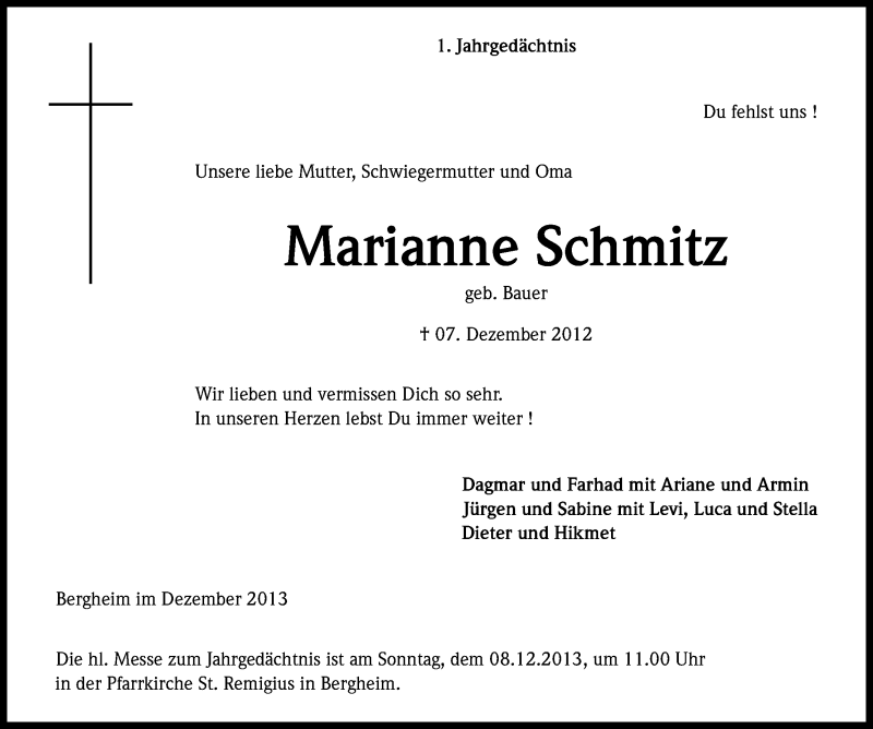 Traueranzeige für Marianne Schmitz vom 03.12.2013 aus Kölner Stadt-Anzeiger / Kölnische Rundschau / Express