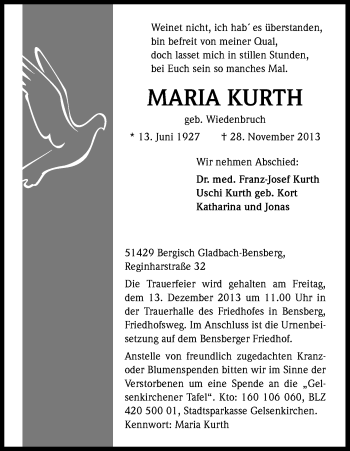 Anzeige von Maria Kurth von Kölner Stadt-Anzeiger / Kölnische Rundschau / Express