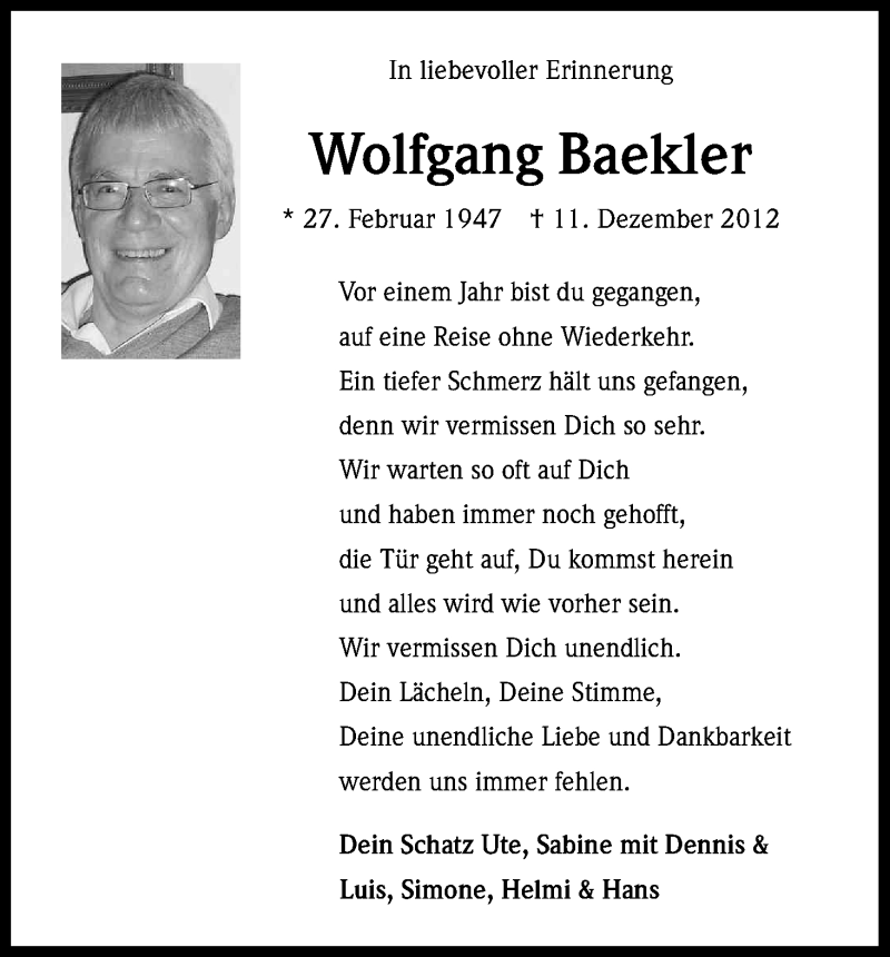  Traueranzeige für Wolfgang Baekler vom 11.12.2013 aus Kölner Stadt-Anzeiger / Kölnische Rundschau / Express