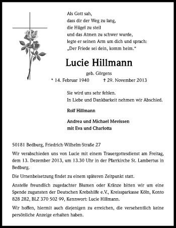 Anzeige von Lucie Hillmann von Kölner Stadt-Anzeiger / Kölnische Rundschau / Express